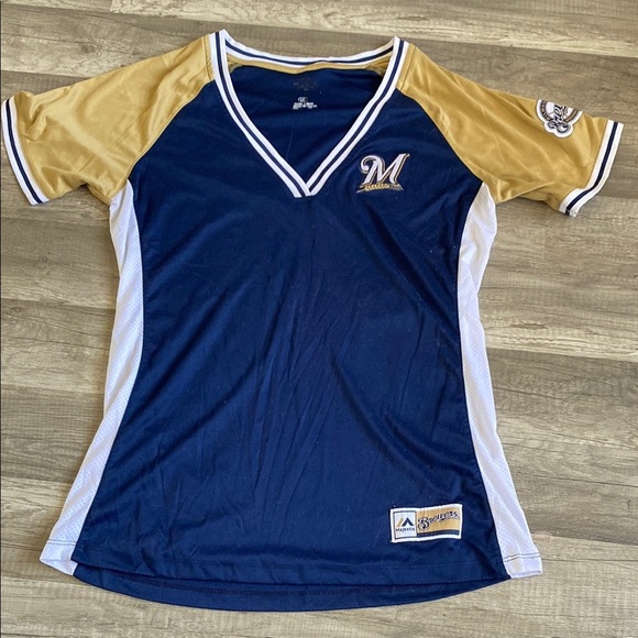 Majestic Tops - Brewers Navy and Gold V-Neck Jersey